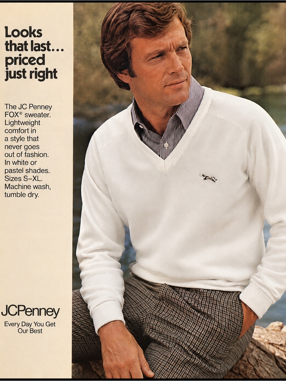 Vintage JC Penney FOX off white V-Neck Sweater Acrylic Men’s L Fits M USA